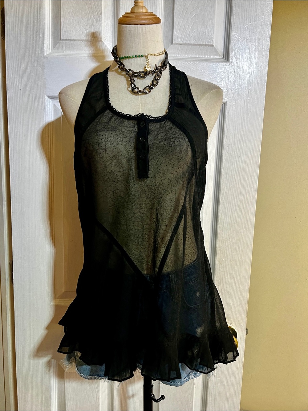 Myth NYC Wms Black Sheer Dots Chiffon Whimsigoth Asymmetric Ruffle‎ Tank Top M